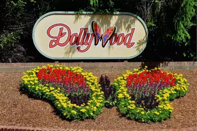 The Dollywood sign and butterfly floral arrangement.
