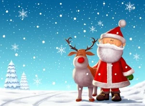 An illustration of Rudolph the Red-Nosed Reindeer and Santa Claus.