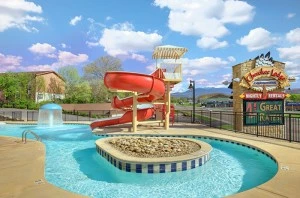 Awesome swimming pool and water slide at Cherokee Lodge Condos in Pigeon Forge.
